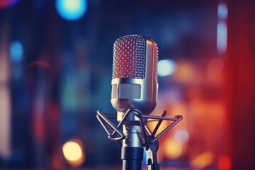 Poster - A microphone with a red light in the background. Ideal for music, podcasting, and broadcasting projects