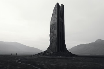 Aufkleber - A black and white photo of a solitary monument standing in the middle of a desolate landscape. Suitable for various uses