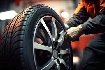Poster - A man is shown changing a tire on a car. This image can be used to depict car maintenance and repair