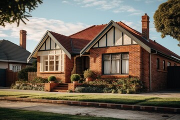 Poster - A red brick house situated on the side of a road. Suitable for various purposes