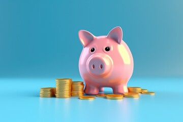 Poster - A pink piggy bank sitting on top of a pile of coins. Can be used to illustrate saving money or financial planning