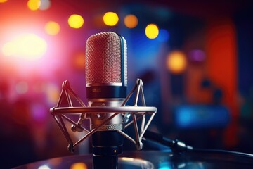 Aufkleber - A microphone placed on a table in a room. Ideal for capturing audio in a controlled environment.