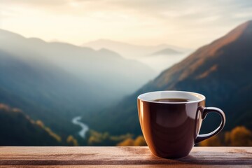 Poster - A cup of coffee sitting on top of a wooden table. Perfect for coffee lovers and cafes