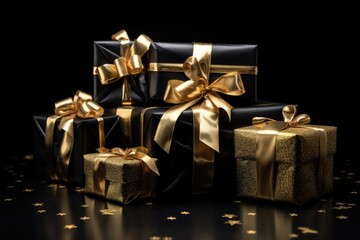 Wall Mural - A pile of black and gold wrapped presents. Perfect for any celebration or special occasion