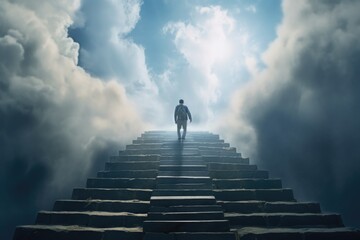 Poster - A man is seen walking up a flight of stairs in the sky. This image can be used to depict determination, progress, and overcoming challenges