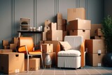 Fototapeta  - A room filled with boxes and a chair. Perfect for illustrating moving, storage, or organization concepts