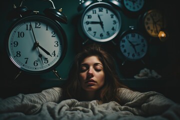 Poster - A woman laying in bed with a bunch of clocks in the background. Perfect for illustrating the concept of time management and stress