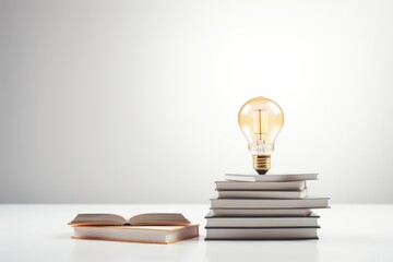 Poster - A light bulb sitting on top of a stack of books. Can be used to represent ideas, knowledge, or creativity