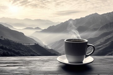 Poster - A cup of coffee sitting on top of a wooden table. Suitable for various uses