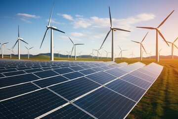 Poster - A field of solar panels with wind turbines in the background. Suitable for renewable energy concepts