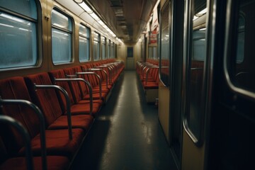 Poster - A picture of a train car with red seats and windows. Suitable for transportation-themed designs and travel-related content