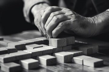Poster - A close-up view of a person engaged in a game of dominos. This image can be used to depict leisure activities or strategic thinking