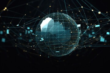 Poster - A picture of a sphere surrounded by intricate lines and dots. Can be used for technology, connectivity, or abstract concepts