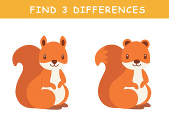 Find 3 differences in illustration. Educational activity with cute squirrel illustration. Spot difference. Educational fun game for children.	