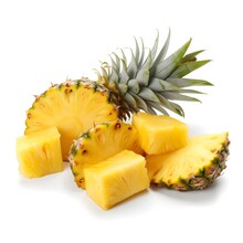 Fresh Cut Pineapple Isolated. Whole Pineapple With Slice, Piece And Leaves. Whole And Cut Pineapple On White. Full Depth Of Field.