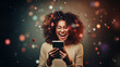 Overjoyed black woman looking at her mobile phone and celebrating on a festive background