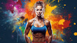 © OleksandrZastrozhnov - Muscular woman on bright splash of paint background. Gym or fitness trainer advertising banner layout.