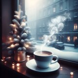 Fototapeta Pokój dzieciecy - A cozy illustration of a cup of hot beverage on the windowsill, outside the window a winter cityscape