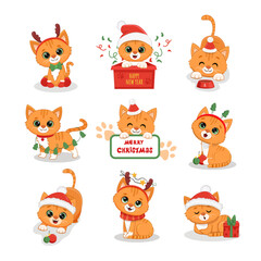 Wall Mural - Cute cartoon red kitten Isolated on white. Christmas  Illustration for design, banners, children's books and patterns.  Funny Ginger cat in scarf, santa hat and  with gift. Vector illustration