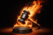 Harsh judge sentence metaphor, burning gavel, a small wooden hammer used by the judge