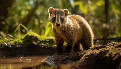 Wall Mural - Small Coati Animal Admiring the Lush Green Forest