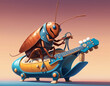 A cockroach sits on a steamer with an egg and two sausages and plays an electric guitar