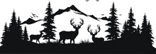 Vector Illustration Of Mountain Landscape With Forest And Deer. AI Generated Illustration