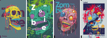 Zombies. Portraits Of Zombie Heads In Pop Art Style. Set Of Vector Illustrations.Typographic Poster Design And Vectorized Illustrations On Background.