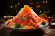The colorful and textured Yusheng is ready for the prosperity toss, a vibrant tradition of Lunar New Year festivities.