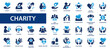 Charity and donation flat icons set. Donated, unity, caring, community, assistance, support, donor, help, volunteer, icons and more signs. Flat icon collection.