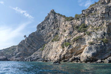 Wall Mural - steep rocky cliffs at Maddalena cape with old tower ruin on, Argentario, Italy