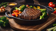 grilled steak with vegetables, slice, plate, drizzle, marinade