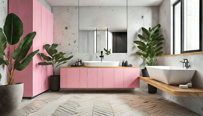 Wall Mural - Modern Minimalist Bathroom Interior with Modern Pink Bathroom Cabinet, White Sink, Wooden Vanity