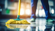 copy space, stockphoto, people Mopping an Office Floor, Mop Close-Up, Cleaner Cleans the Floors. Professional cleaning team cleaning floor in an office or business building.
