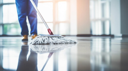 Wall Mural - copy space, stockphoto, people Mopping an Office Floor, Mop Close-Up, Cleaner Cleans the Floors. Professional cleaning team cleaning floor in an office or business building.