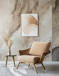 Beige lounge chair against marble wall with abstract poster Minimalist home interior design