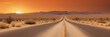 A long, straight road stretches into the vast desert landscape under an orange sky, the setting sun casting its warm glow across the solitary terrain