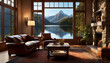 A living room with a large window offers a view of a lake and mountains, furnished with a leather chair, couch, and bookshelf on a rug