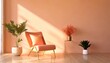 Coral lounge chair and potted plant near beige wall with copy space. Minimalist home interior design of modern living room.