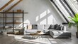 Corner sofa against shelving unit, Scandinavian home interior design of modern living room in attic in farmhouse