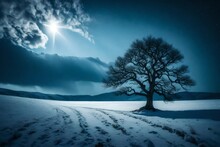 A Lone Tree In The Darkness Above. An Illustration Of A Bright Winter Landscape.