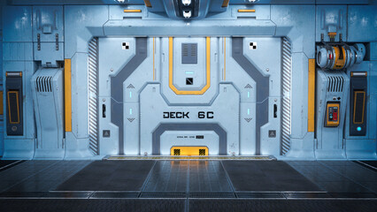 Poster - Cargo entrance to a science fiction hangar building. 3D rendering.
