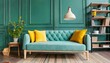 Cute Mint Loveseat Sofa with Yellow Pillow Against Green Wall with Bookcase in Scandinavian, Mid-Century Home Interior Design