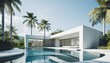Exterior of amazing modern minimalist cubic villa with large swimming pool among palm trees