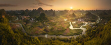Aerial View Of Guilin Mountain Landscape At Sunrise With Fog, Guangxi, China.