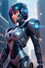 Aufkleber - Cyber Elegance: Portrait of a Beautiful High-Tech Robo Girl, Radiating Futuristic Grace with Metallic Glamour and Digital Allure,generative ai
