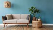 Rustic sofa and wood side table next to wicker basket with houseplant against blue wall with copy space. Scandinavian home interior design of modern living room in farmhouse