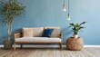 Rustic sofa and wood side table next to wicker basket with houseplant against blue wall with copy space. Scandinavian home interior design of modern living room in farmhouse