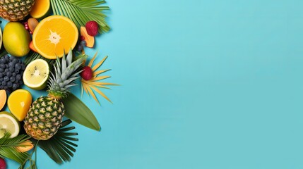  A pastel turquoise background is used for the banner, which showcases exotic fruits and tropical palm leaves including papaya, mango, pineapple, banana, carambola, dragonfruit, kiwi, lemon,