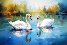 Two Swans Swimming Lake Trees Background Shadows Love Begin West Features Leading Defense Stoic Calm Illustration